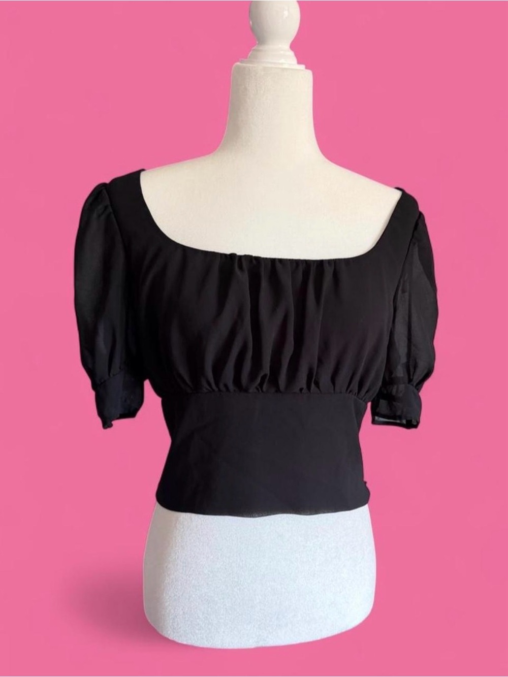 Whimsigoth Square Neck Puff Sleeve Peasant Milkmaid Top in Black, Size L